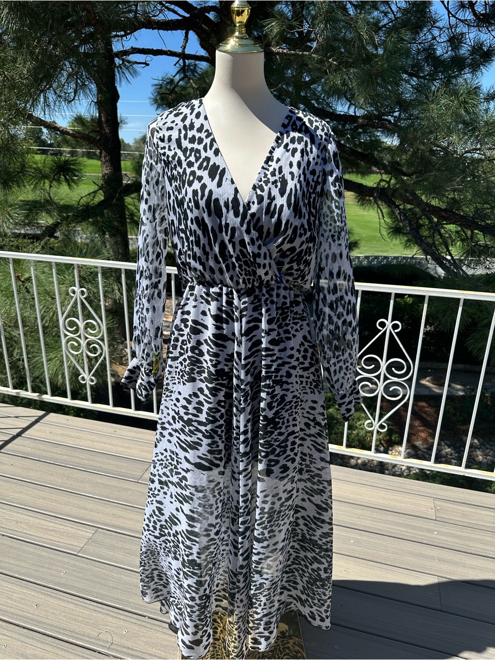 Women's Black and White Leopard Print Wrap Dress